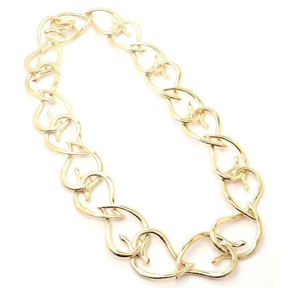 Authentic! Vintage Tiffany & Co 18k Yellow Gold Open Heart Leaf Link Necklace - Picture 8 of 11